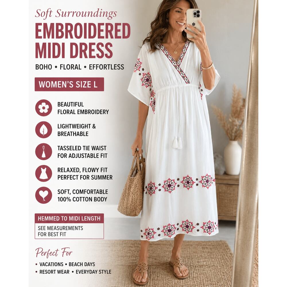 Soft Surroundings Embroidered Boho Midi Dress White Floral Tassel Size L